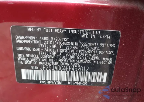 2015 Subaru Forester 2.5I Premium z USA, uszkodzony, nr VIN JF2SJADC4FH492012